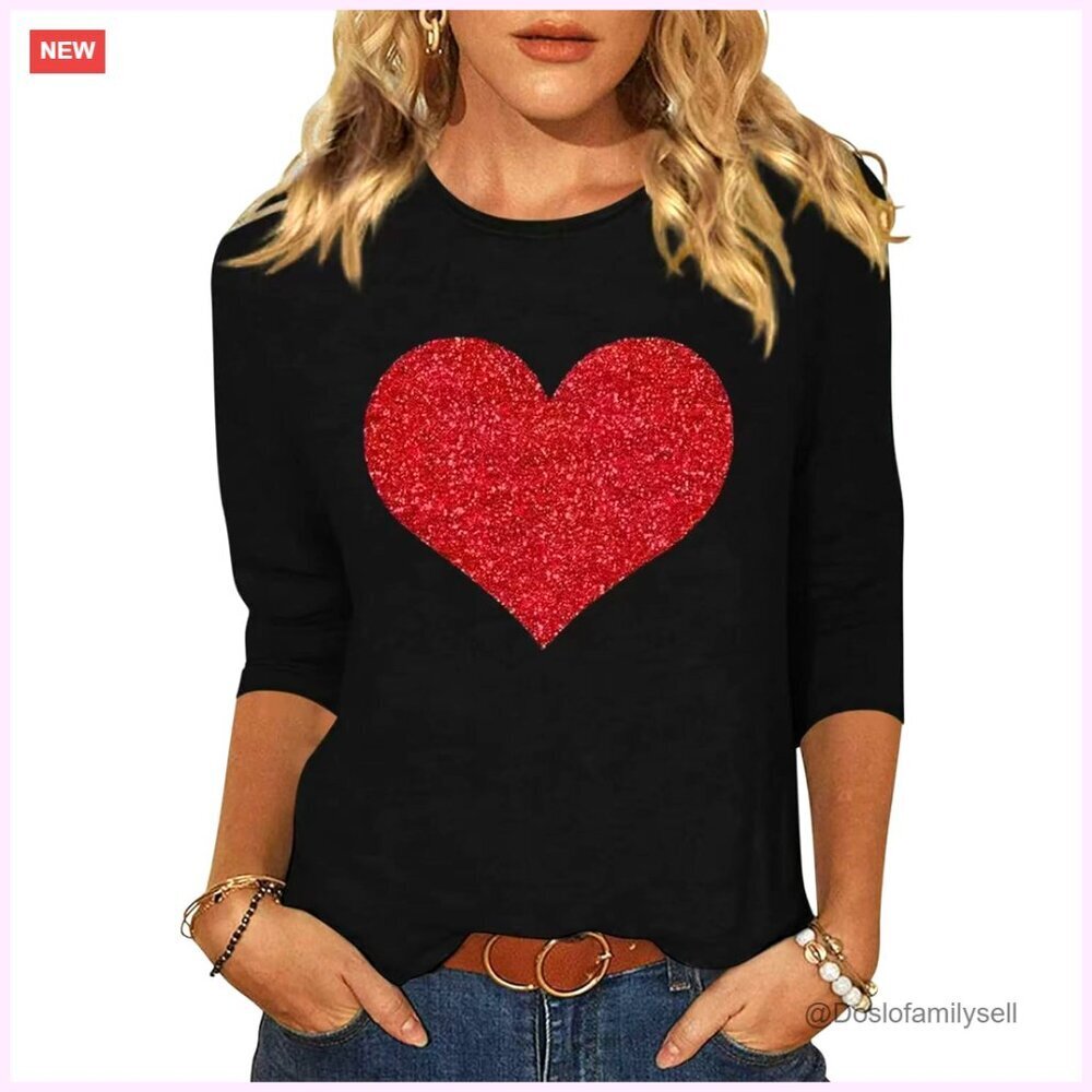 3/4 Sleeve Crew Neck Graphic Tee Valentine Heart Print Casual Chic Top